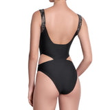 ISABELLE cut out one piece, bronze brocade straps black swimsuit by ALMA swimwear – back view