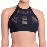ISABELLE high neck bra, bronze brocade panel black bikini top by ALMA swimwear – front view 2