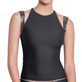 ISABELLE high neck tankini, bronze brocade straps black top by ALMA swimwear – front view 2
