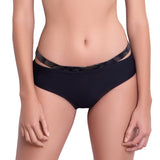 ISABELLE medium rise panty, bronze brocade cutout waistband black bikini bottom by ALMA swimwear – front view 2