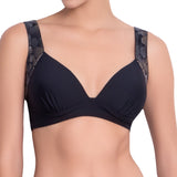 ISABELLE molded bra, bronze brocade straps black top by ALMA swimwear – front view 2