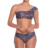MARION asymmetric bra, printed bikini top by ALMA swimwear – front view 1