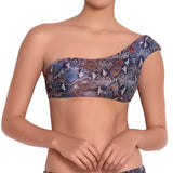 MARION asymmetric bra, printed bikini top by ALMA swimwear – front view 2