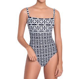 BRIGITTE bandeau one piece, printed swimsuit by ALMA swimwear – front view 1