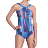 EVA crossed tankini, textured printed top by ALMA swimwear – front view 1