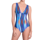 EVA v-neck one piece, textured printed swimsuit by french luxury swimwear brand: ALMA – front view 1