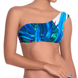 FANNY asymmetric bra, printed bikini top by ALMA swimwear – front view 2