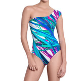 FANNY asymmetric one piece, printed swimsuit by ALMA swimwear – front view 1