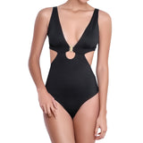 LÉA v-neck one piece, black swimsuit by ALMA swimwear – front view 1