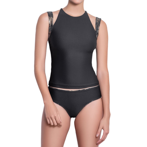 ISABELLE classic panty, bronze brocade trim black bikini bottom by ALMA swimwear – front view 1