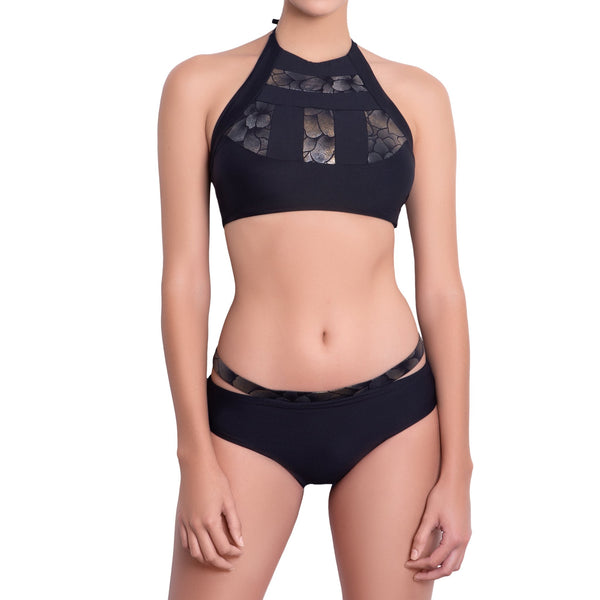 ISABELLE high neck bra, bronze brocade panel black bikini top by ALMA swimwear – front view 1