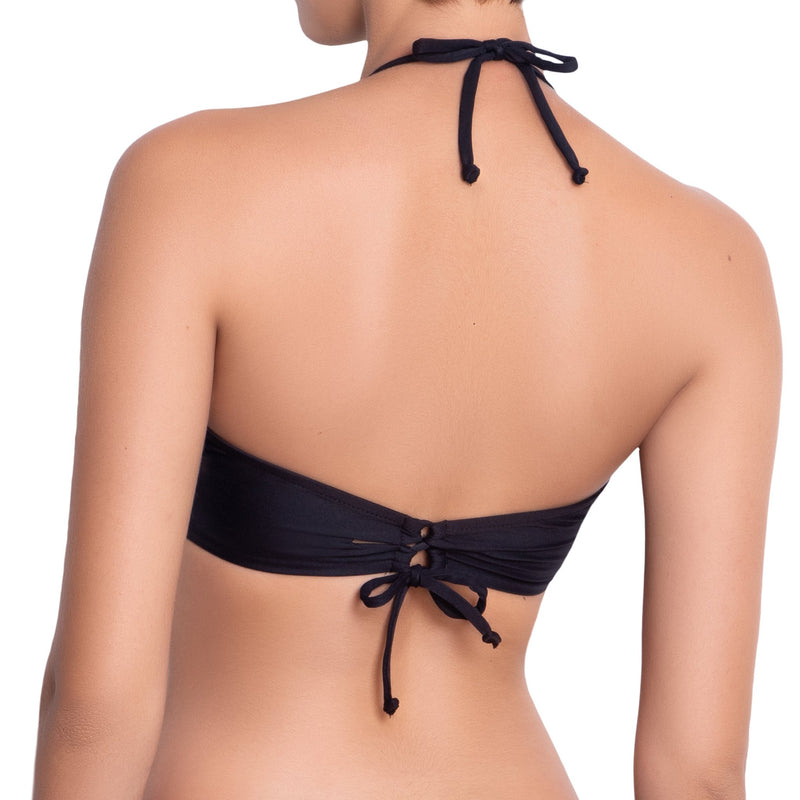 ISABELLE high neck bra, bronze brocade panel black bikini top by ALMA swimwear – back view 