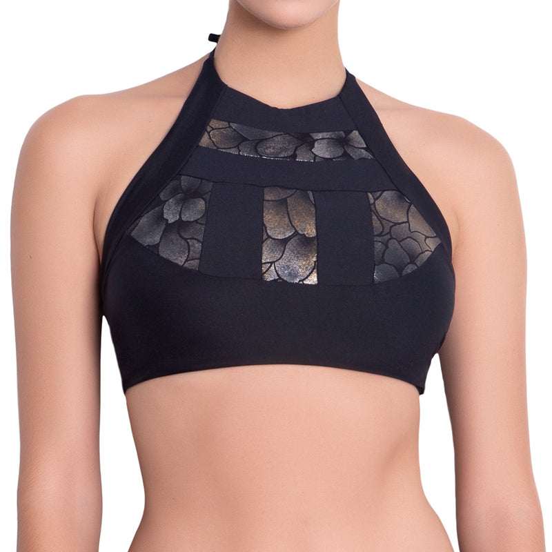 ISABELLE high neck bra, bronze brocade panel black bikini top by ALMA swimwear – front view 2