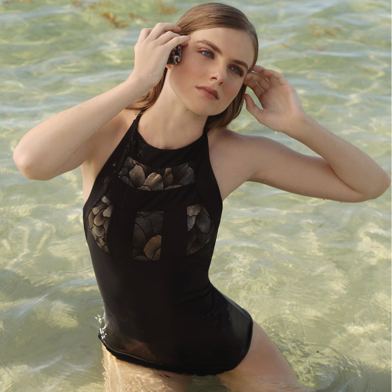 ISABELLE high neck one piece, bronze brocade panel black swimsuit by french luxury swimwear brand:  ALMA – lookbook 1