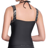 ISABELLE high neck tankini, bronze brocade straps black top by ALMA swimwear – back view 