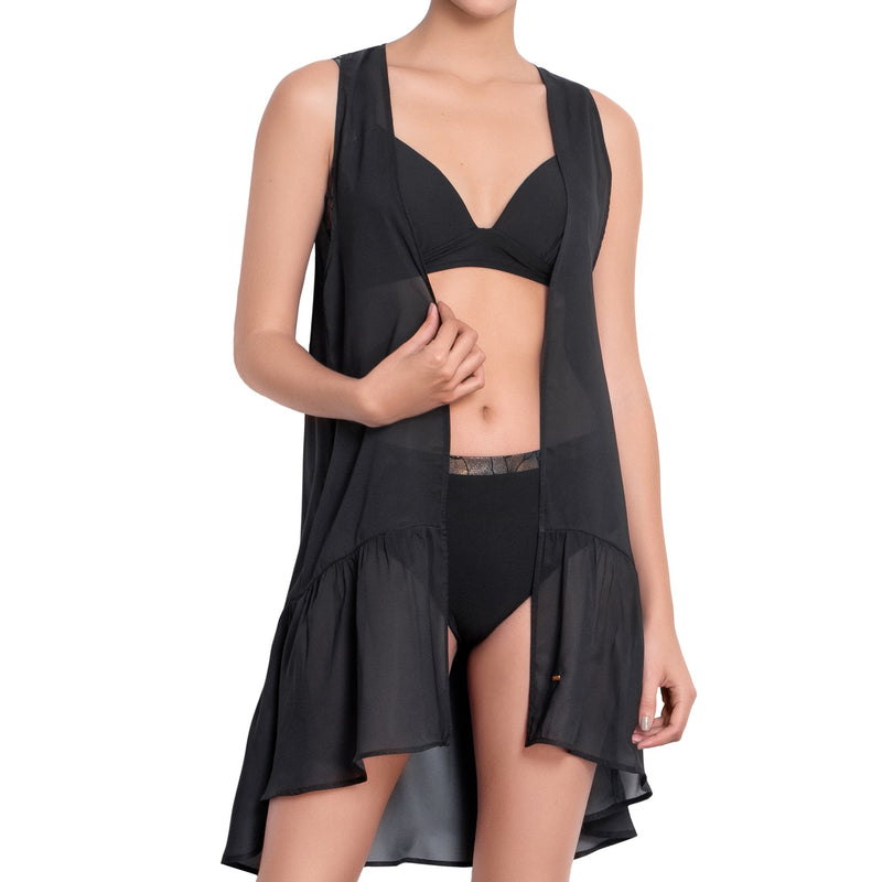 ISABELLE long back dress, black chiffon cover up by ALMA swimwear – front view 2