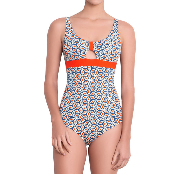 BÉRÉNICE halter tankini, printed top by ALMA swimwear  – front view 1