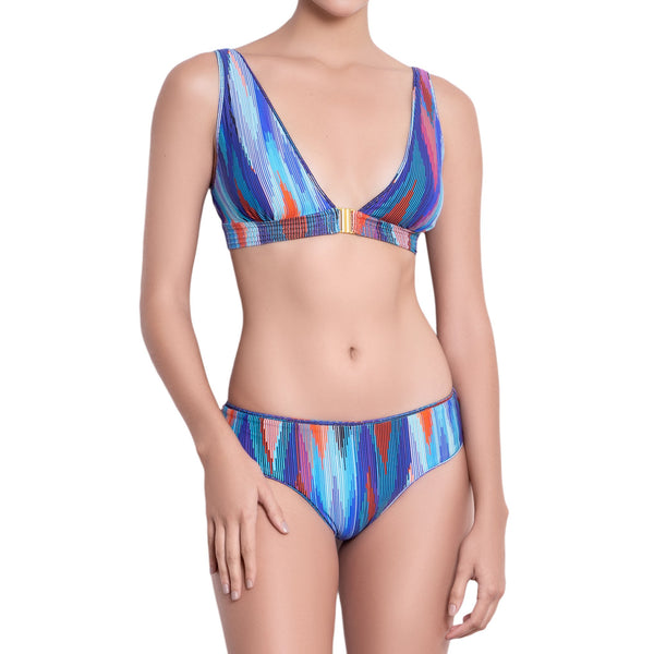EVA v-neck bra, textured printed  bikini top by french luxury swimwear brand:  ALMA – front view 1