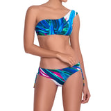 FANNY asymmetric bra, printed bikini top by ALMA swimwear – front view 1