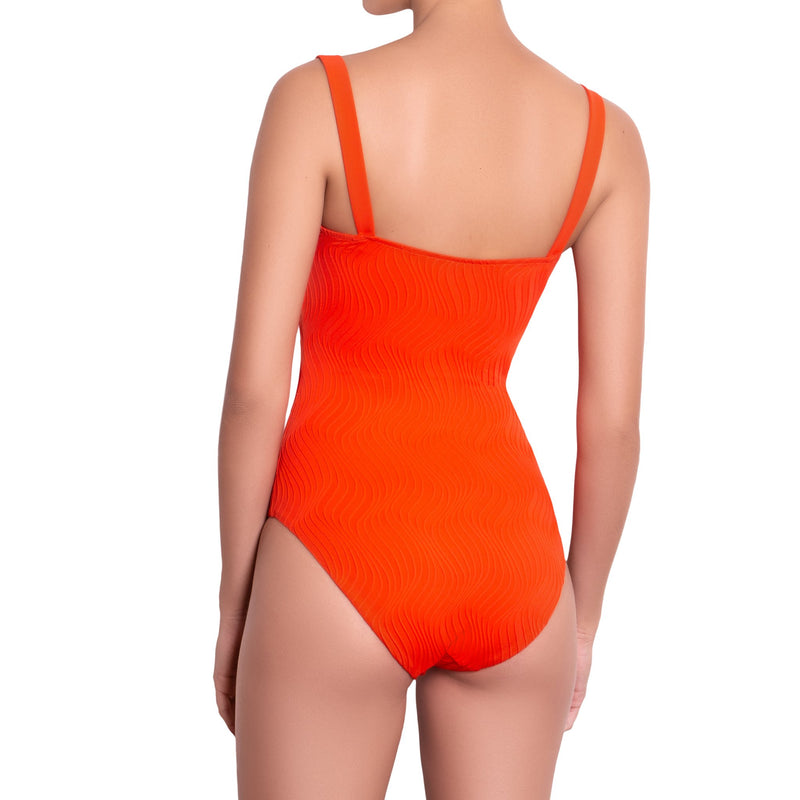 JULIETTE bandeau one piece, textured orange swimsuit by ALMA swimwear – back view 