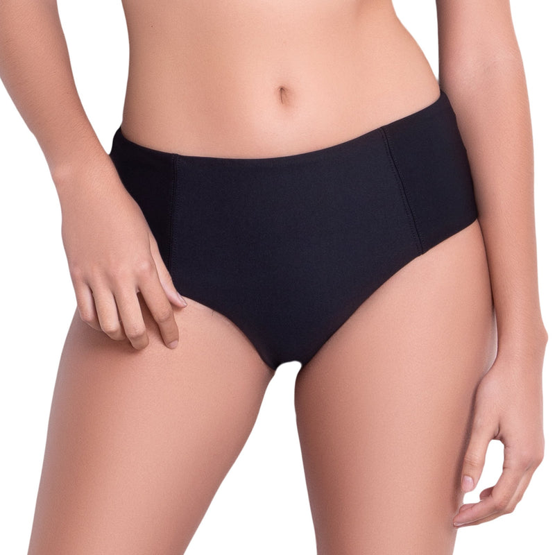 LÉA High rise panty, solid black bikini bottom by ALMA swimwear – front view 3