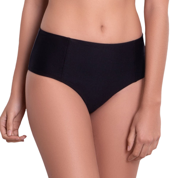 LÉA High rise panty, solid black bikini bottom by ALMA swimwear – front view 2