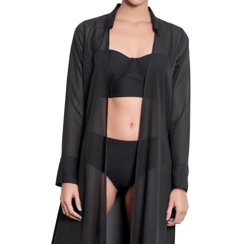 LÉA long shirtdress, black chiffon cover up by ALMA swimwear – front view 1