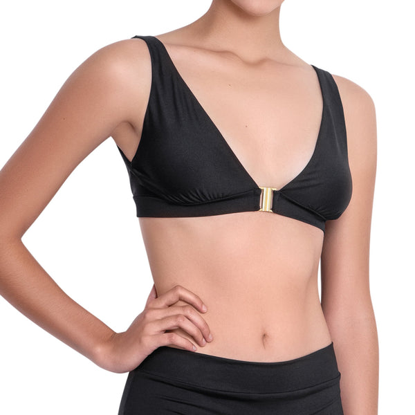 LÉA v-neck bra, black bikini top by ALMA swimwear– front view 2