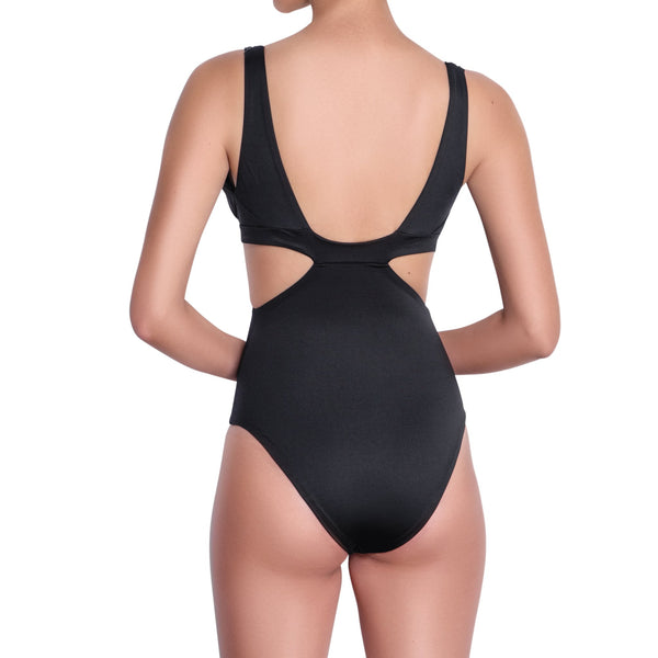 LÉA v-neck one piece, black swimsuit by ALMA swimwear – back view 1